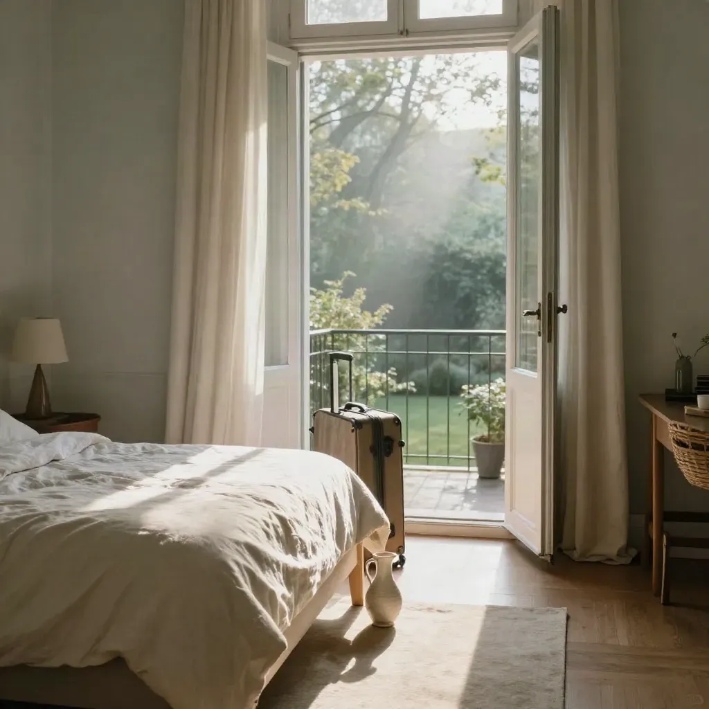 Lichtes Ferienapartment mit zerwühltem Bett, Koffer, Karaffe und offenem Balkon nach dem Regen.