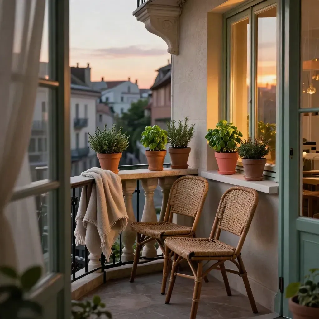Balkon mit zwei Rattanstühlen, Kräutertöpfen und Abendlicht in einer Stadtwohnung.