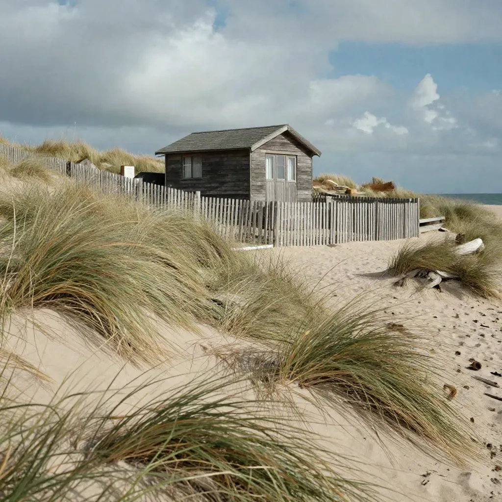 Dünenhaus mit wettergrauer Holzfassade, Strandhafer und Windschutzzaun im Mittagswind.