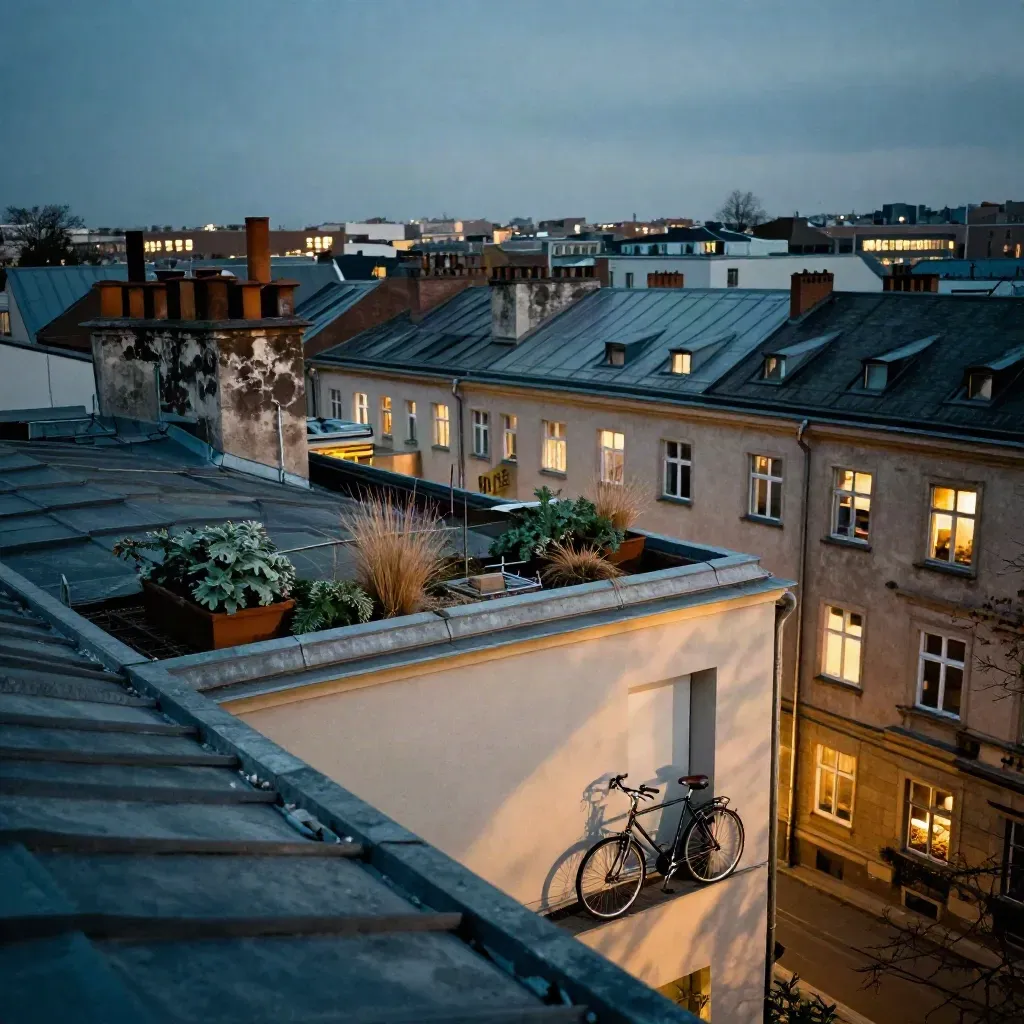 Dachblick über Berliner Hinterhöfe mit Schornsteinen, Pflanzkübeln und Fahrrad in blauer Abendstimmung